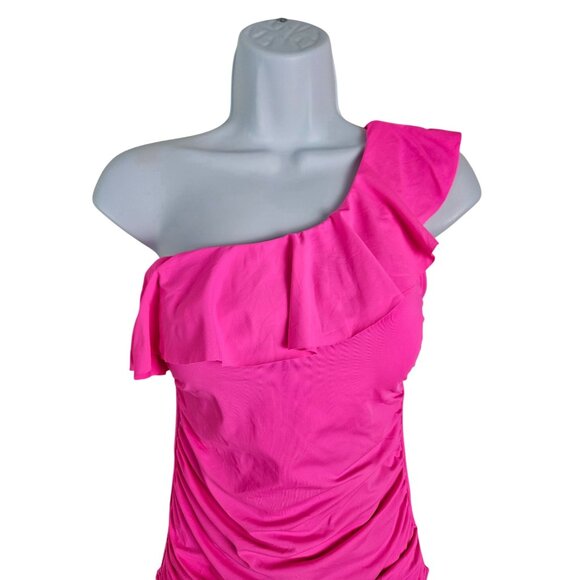 Tempt Me Womens Asymmetrical Neckline One Shoulder Ruffle Swimsuit Hot Pink Sz S - Picture 7 of 11